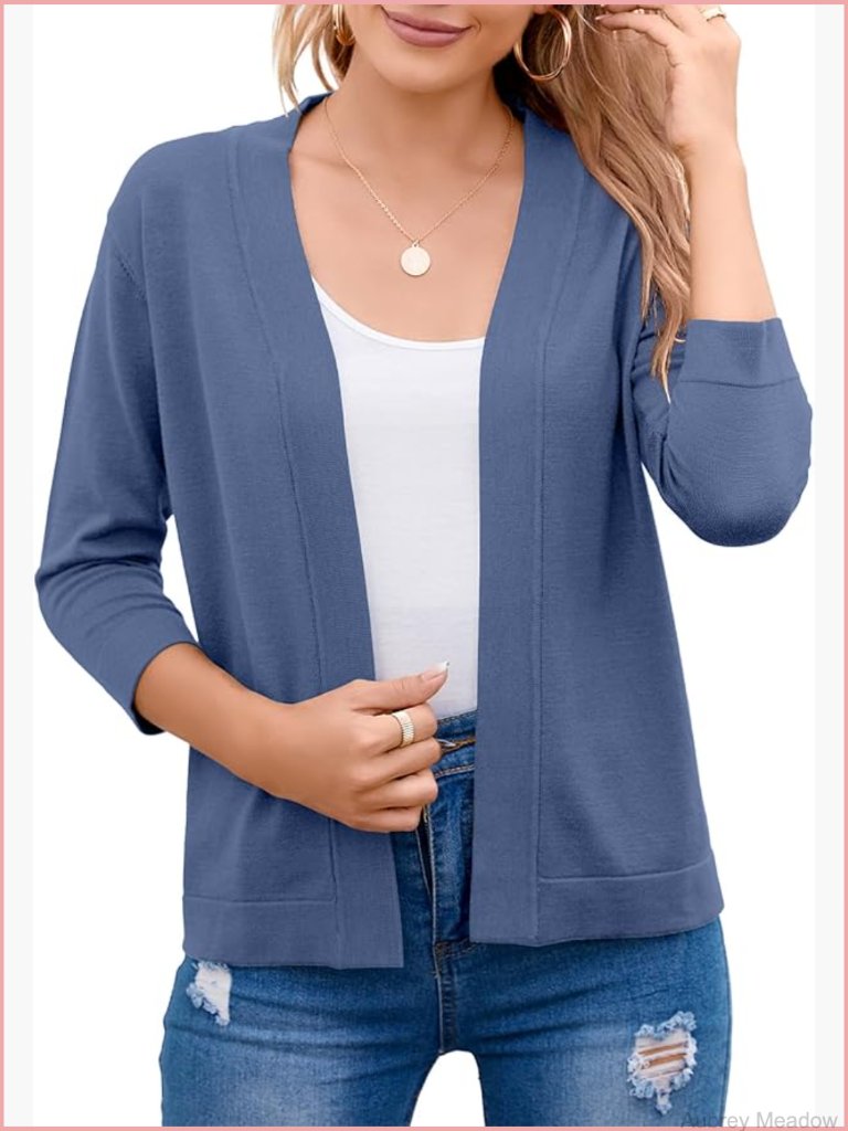 3/4 Sleeve Open Front Cropped Cardigan Sweater Lightweight Knit Shrug